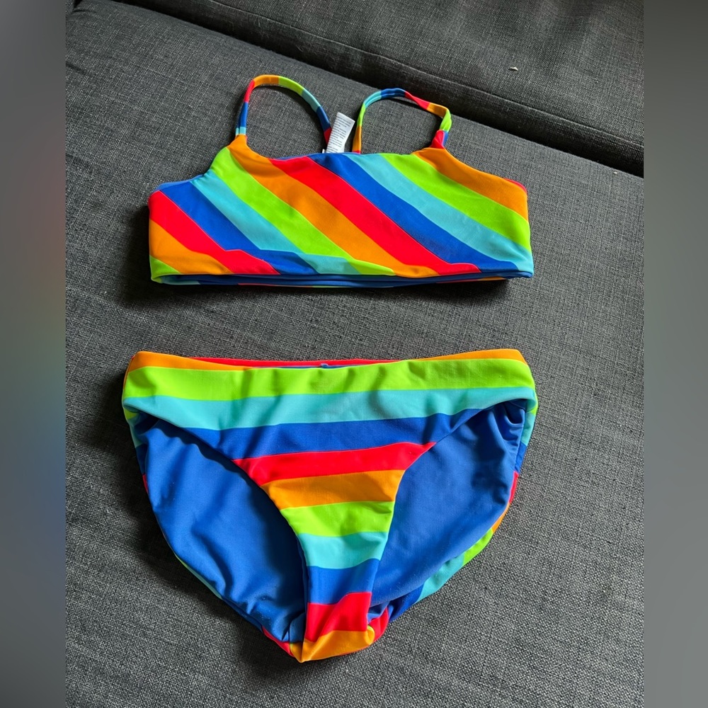Girls size 10/12 two piece rainbow swim suit